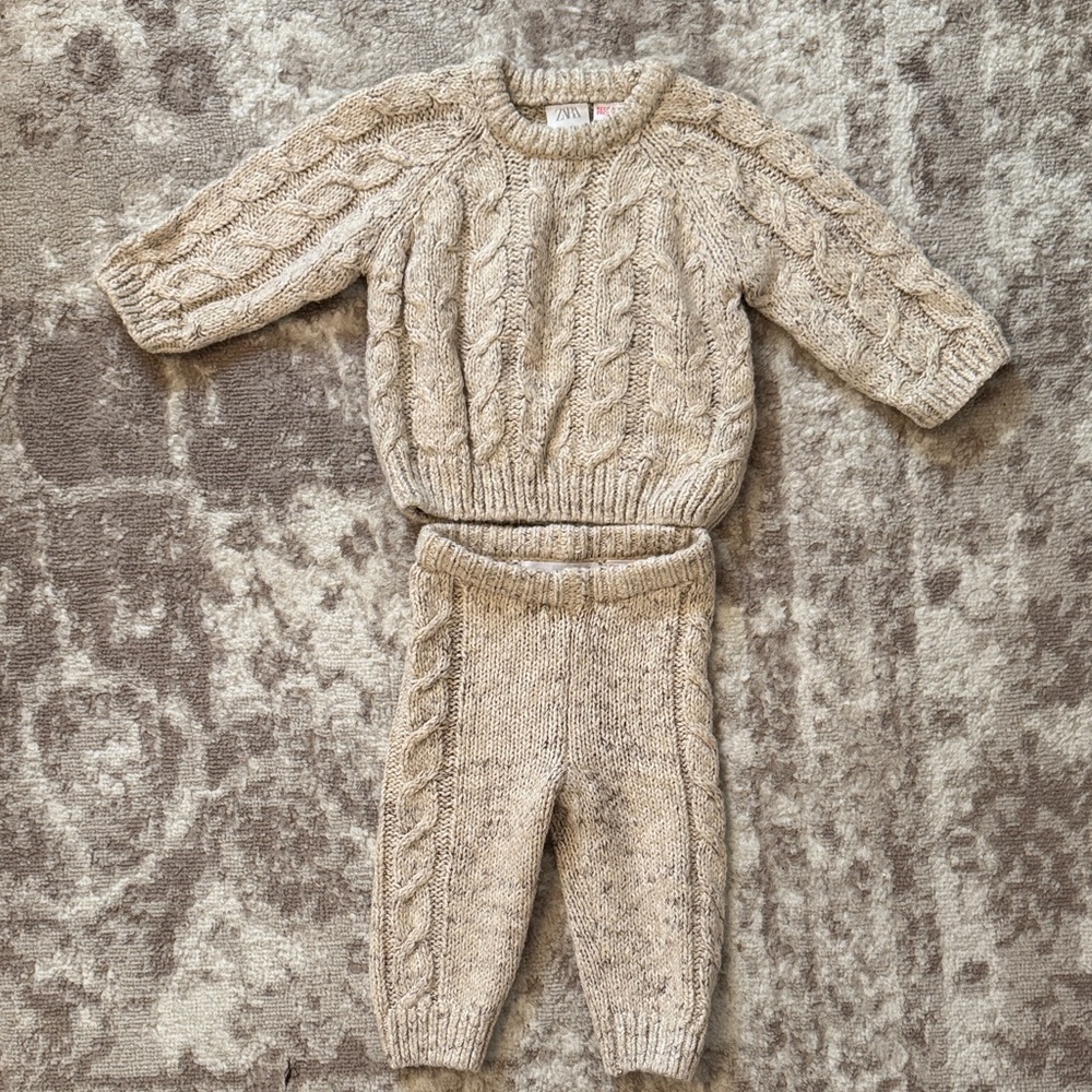 Zara Beige Cable Knit Sweater and Pants Set